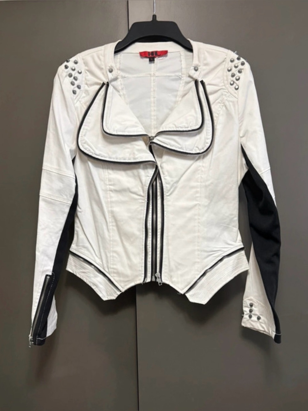White Stud-Accent Moto blazer with Black Panels ON SLEEVES FITS LIKE A 6.